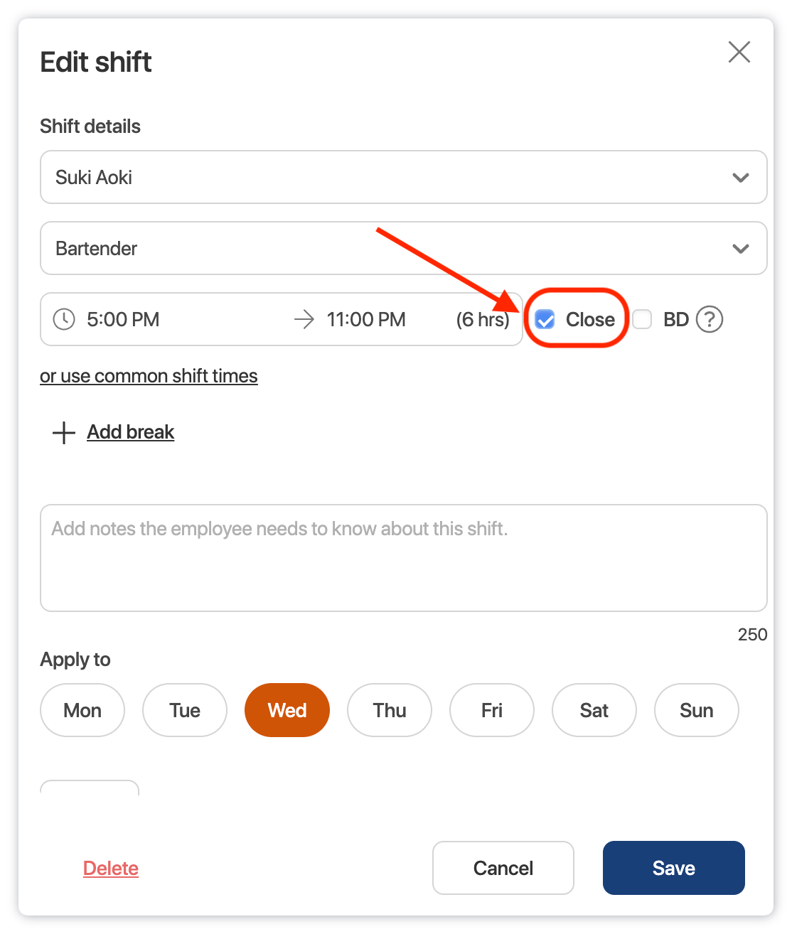 set close time in shift details 