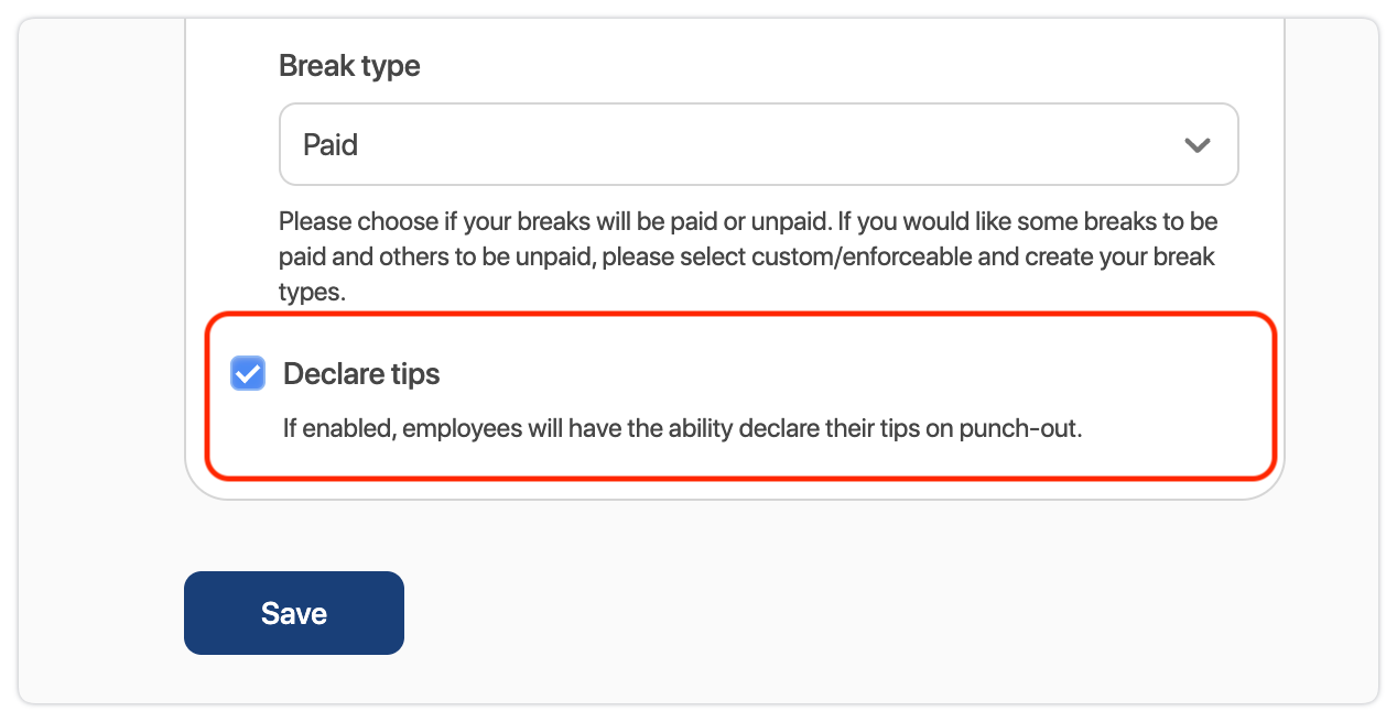 declare tips setting within time clocking settings page