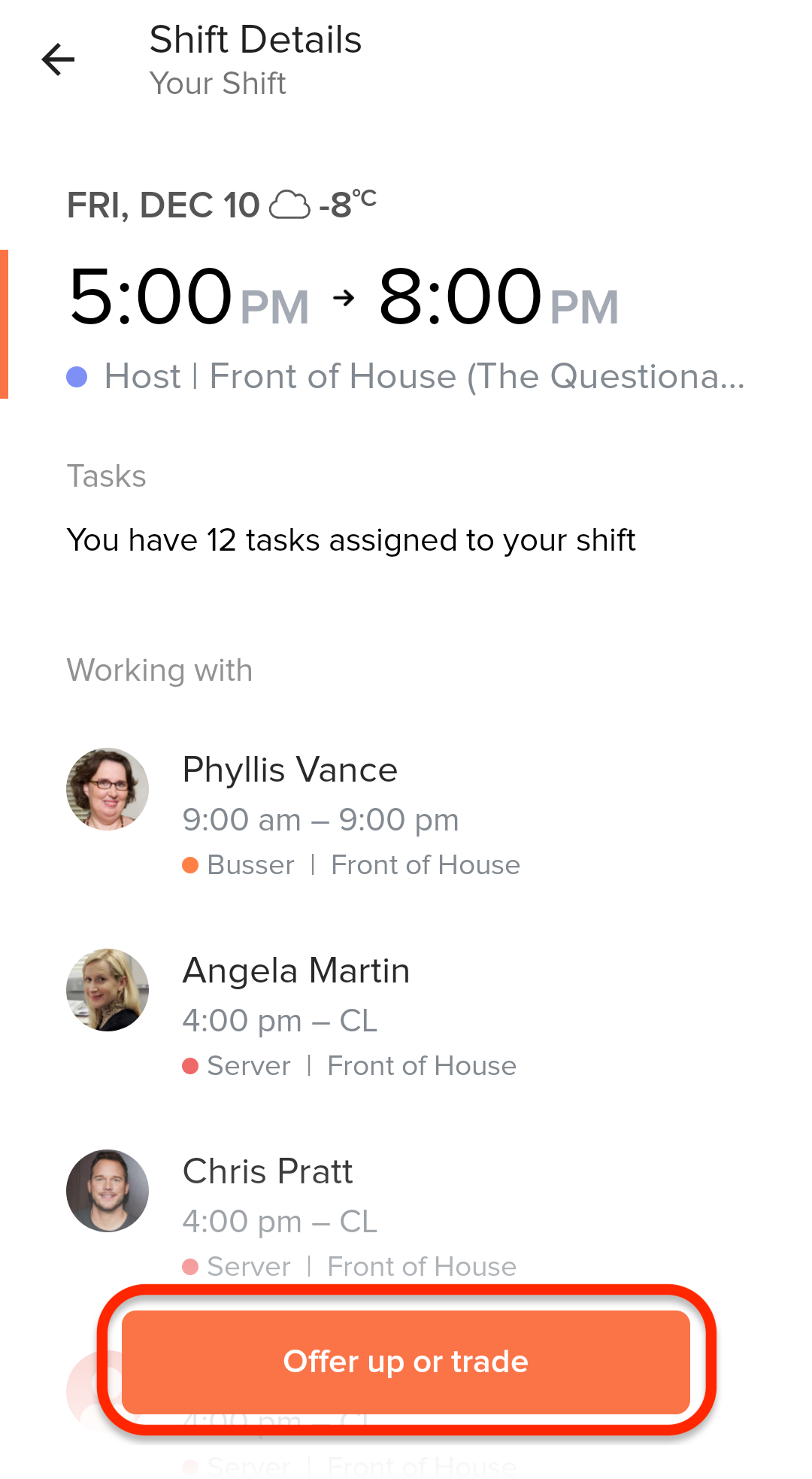 Offer Up button shown below a shift on the schedule