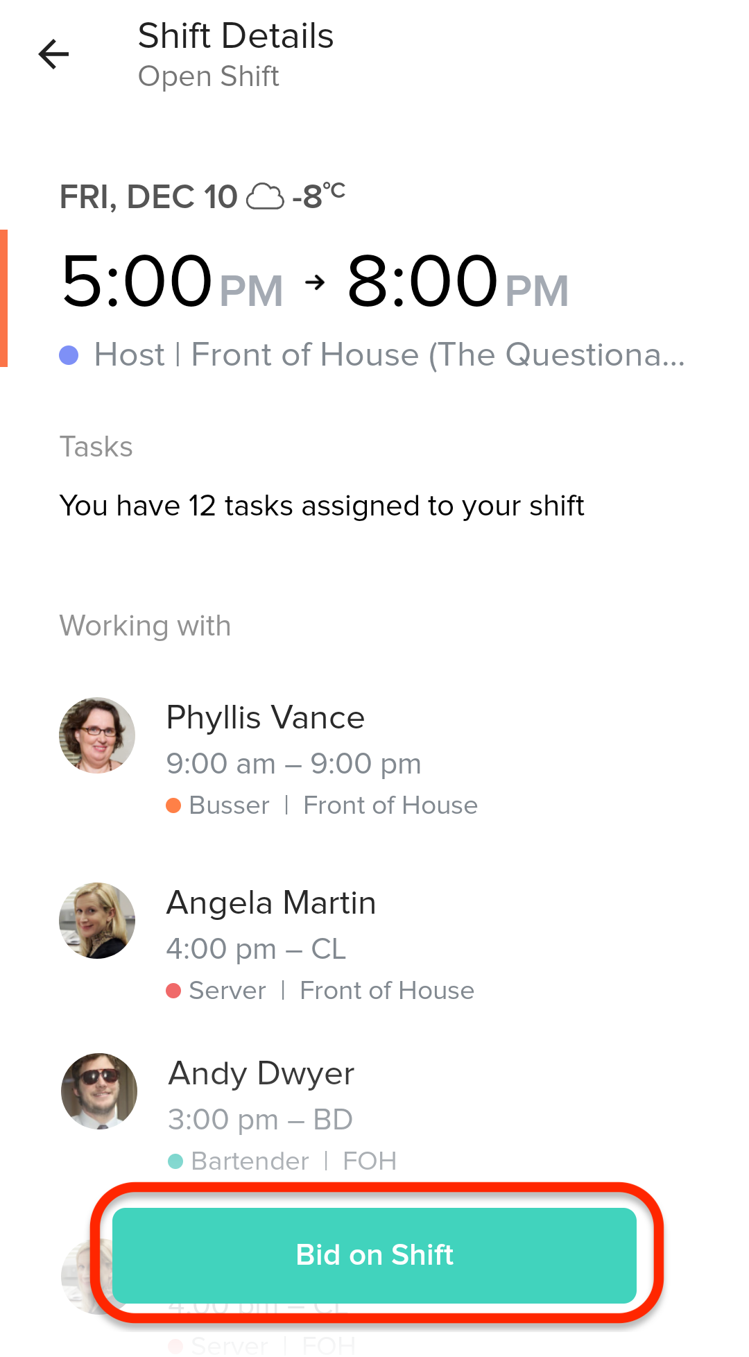 Bid on Shift button shown on the Shift Pool screen
