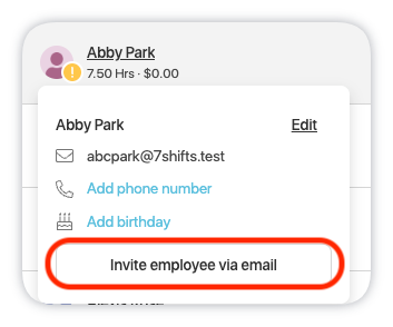 invite employee via email button on schedule page