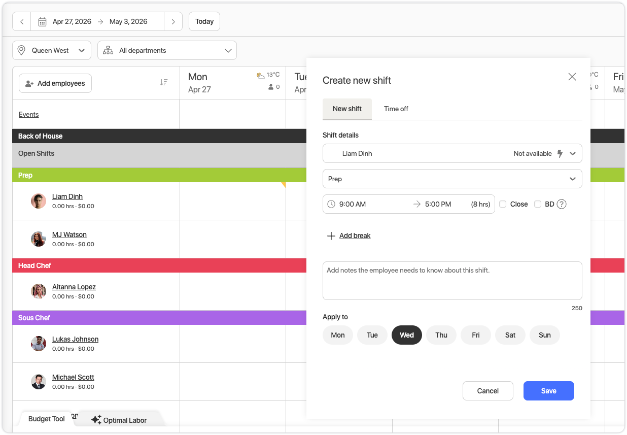 Build a roster from the Schedule page and add shifts