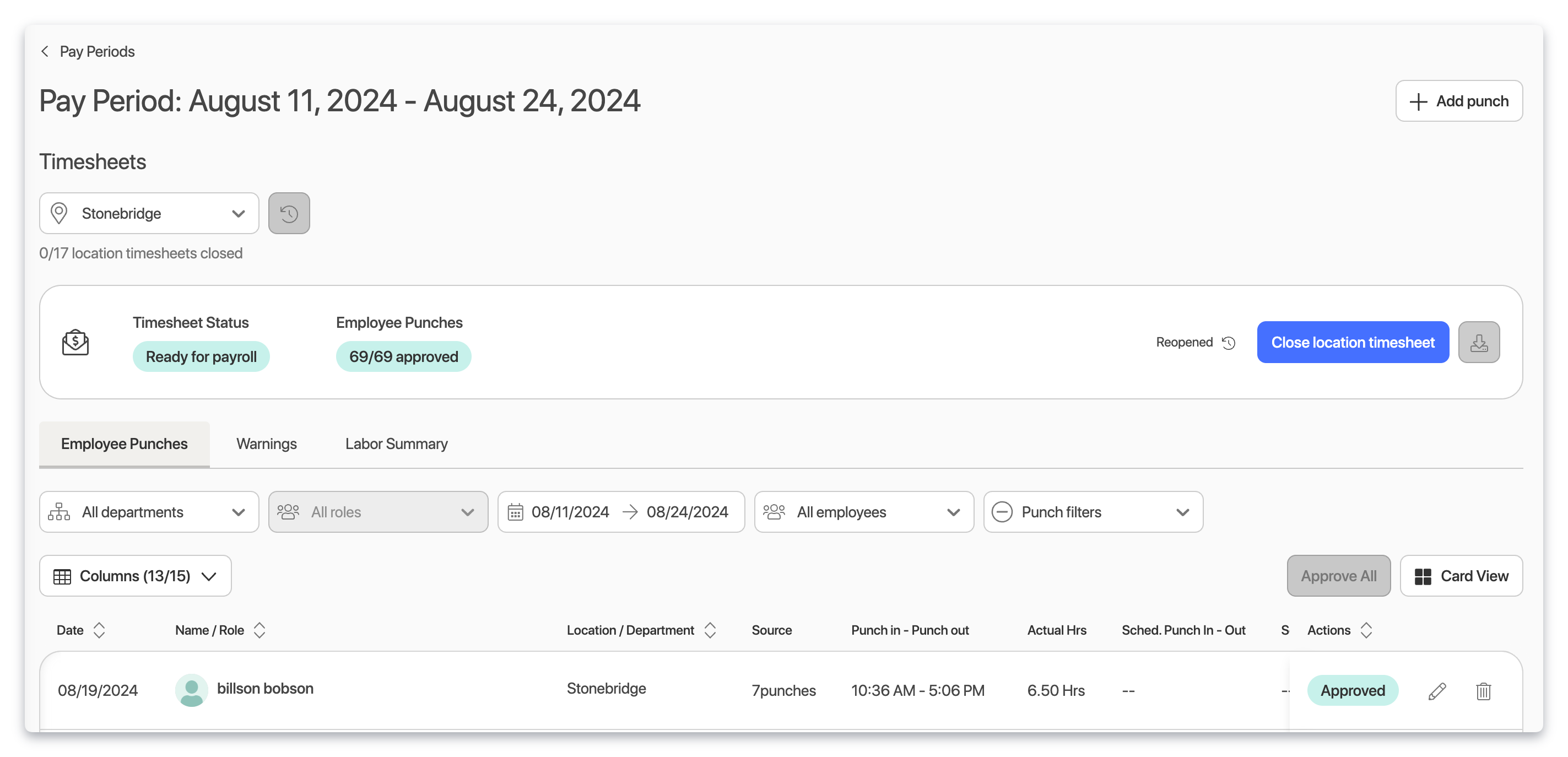 7shifts time clocking page and employee punches