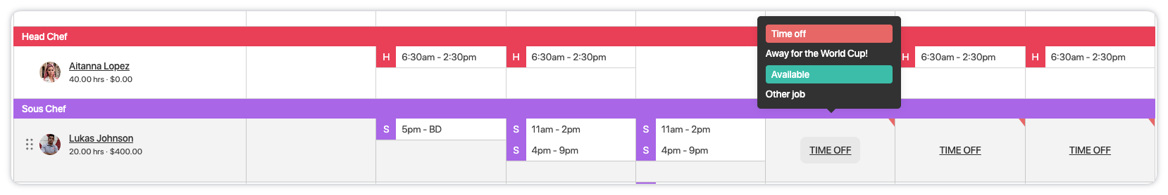 Time off and availability are visible on schedule