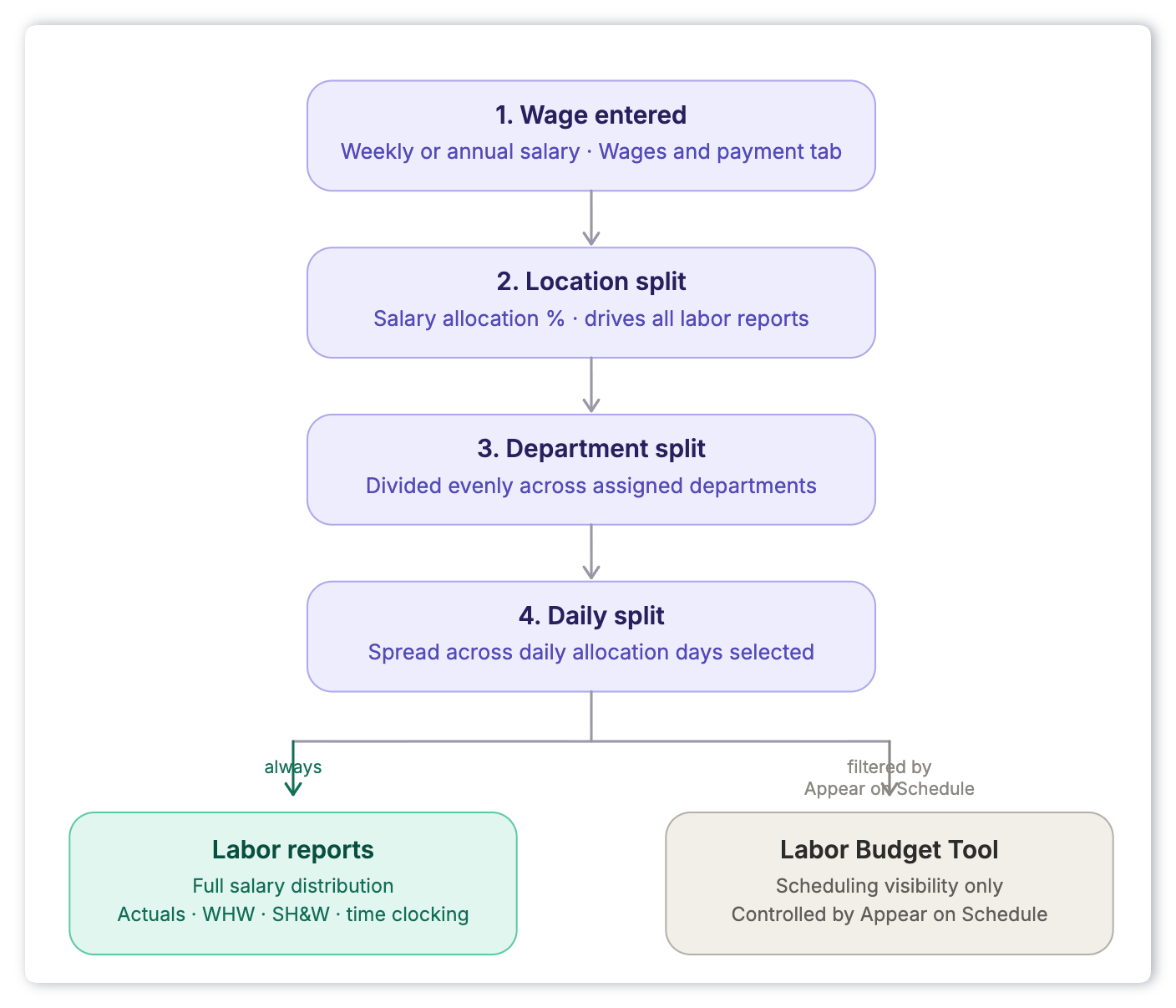 Flowchart showing how a weekly salary is distributed in 7shifts across four steps — wage entry, location split via salary allocation, department split, and daily split — before flowing into two outputs: labor reports (always reflects full salary allocation) and the Labor Budget Tool (controlled by Appear on Schedule).