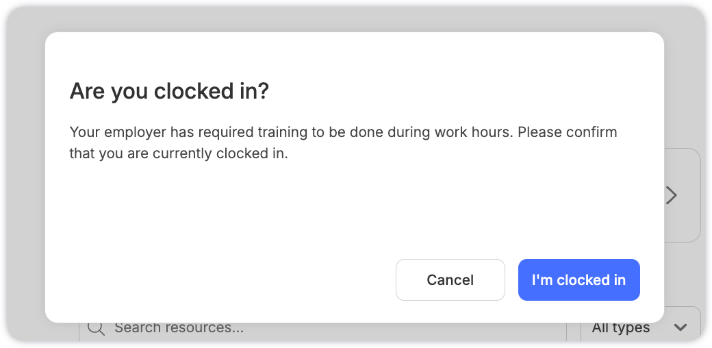 The Are you clocked in prompt with the I'm clocked in and Cancel buttons.