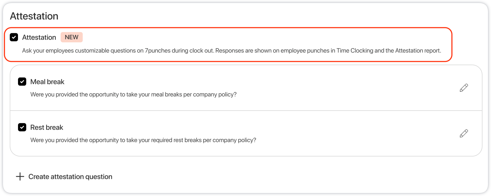 Attestation section in Labor & Compliance settings with the Attestation checkbox
