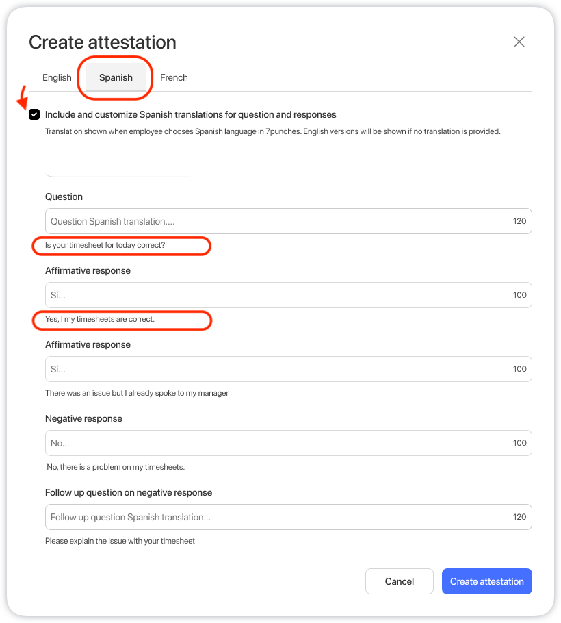 Spanish translation tab for an attestation question