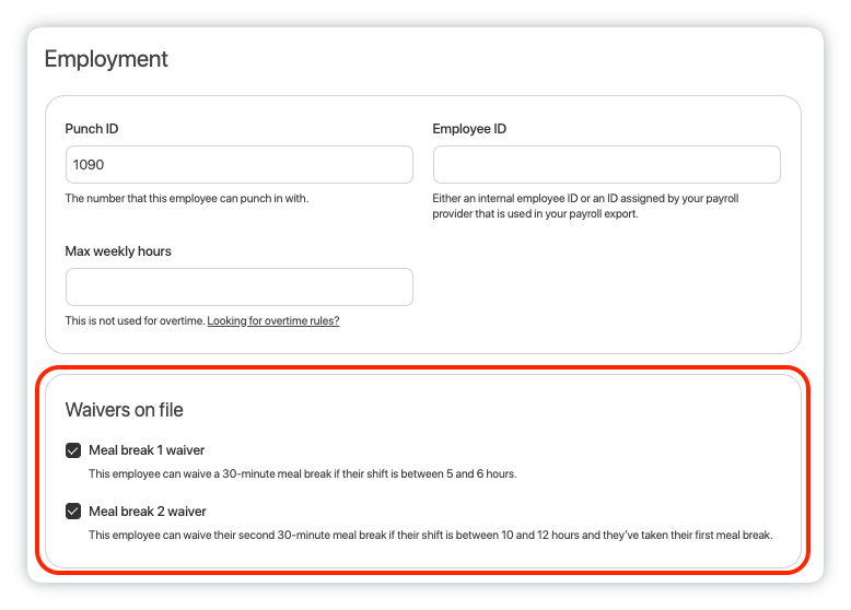 Meal break waiver checkboxes on the Employment tab of an employee profile